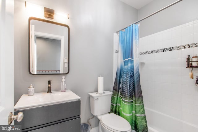 full bathroom with vanity, toilet, and shower / bathtub combination with curtain