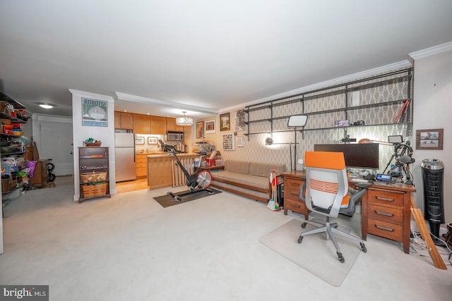 carpeted office featuring ornamental molding