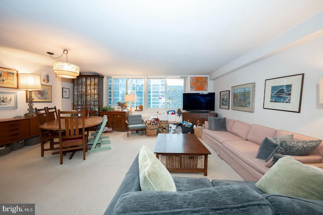 carpeted living room with expansive windows