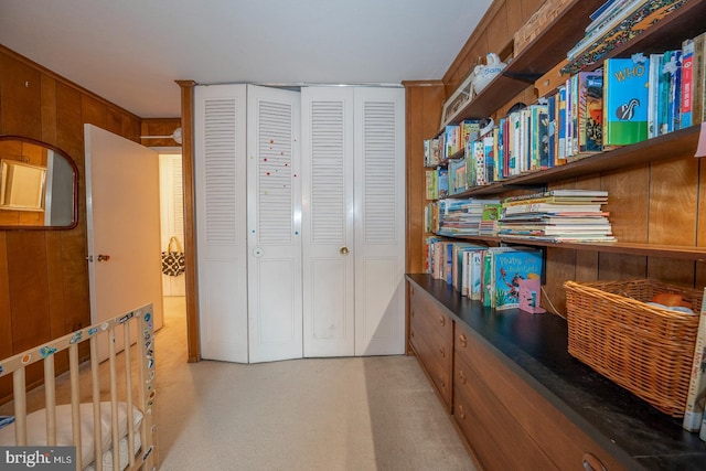 interior space featuring wooden walls