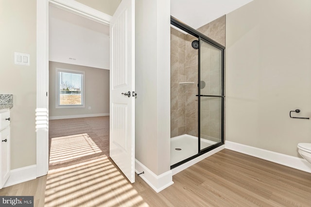 bathroom with vanity, toilet, hardwood / wood-style floors, and an enclosed shower