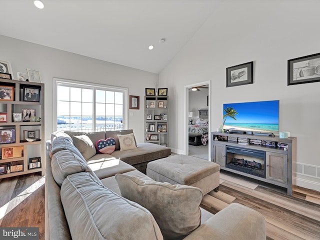 living room featuring high vaulted ceiling and light hardwood / wood-style flooring