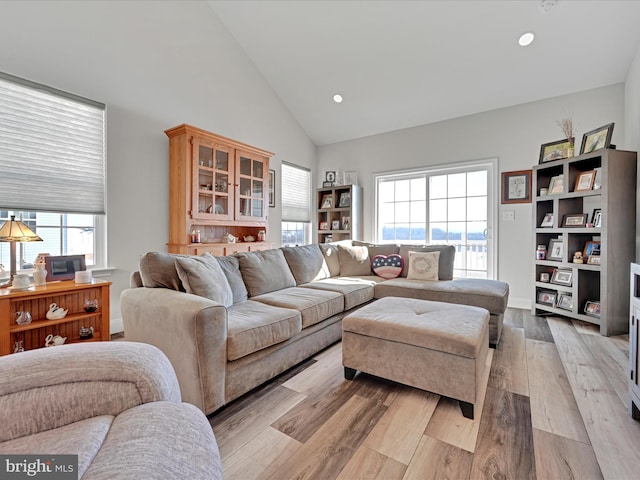 living room with high vaulted ceiling and light hardwood / wood-style flooring