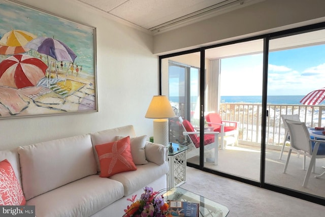 living room featuring carpet flooring, a water view, a view of the beach, and ornamental molding