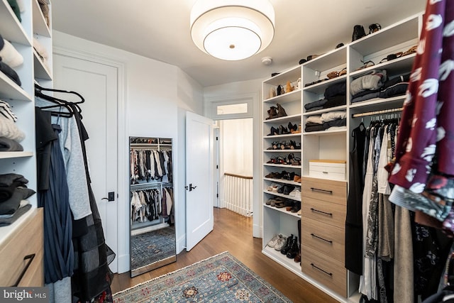 walk in closet featuring dark wood-type flooring