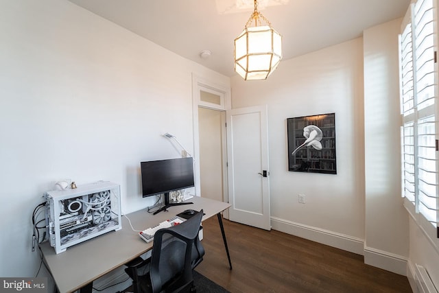 home office featuring dark wood-type flooring