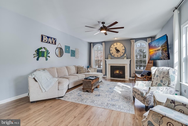 living room featuring ceiling fan and hardwood / wood-style floors