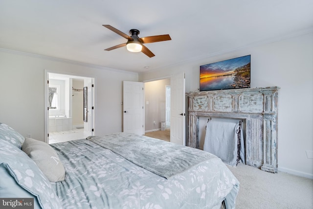 carpeted bedroom with crown molding, ceiling fan, and connected bathroom