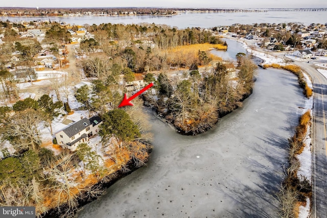 aerial view featuring a water view