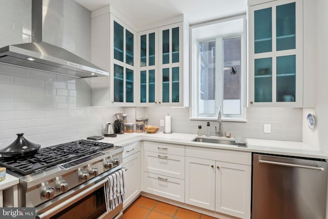 kitchen featuring sink, white cabinetry, wall chimney range hood, and appliances with stainless steel finishes