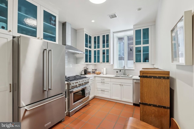 kitchen featuring high quality appliances, sink, backsplash, white cabinetry, and wall chimney range hood