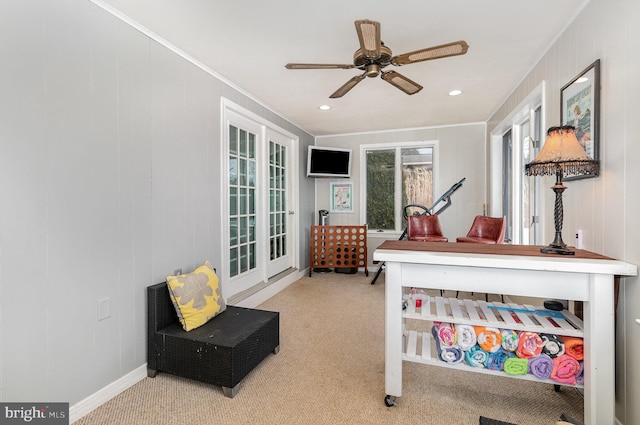 recreation room featuring light carpet, ceiling fan, crown molding, and recessed lighting