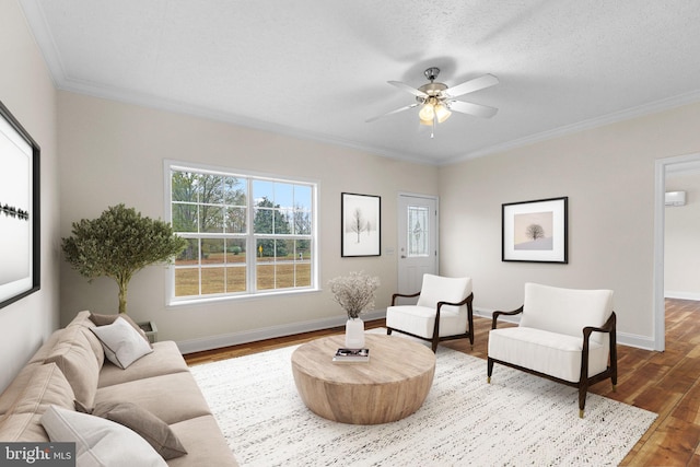 living area with ceiling fan, crown molding, a textured ceiling, and wood-type flooring