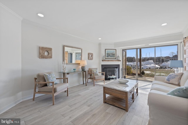 living room featuring crown molding and light hardwood / wood-style floors