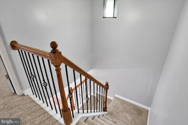 stairway featuring carpet floors and baseboards