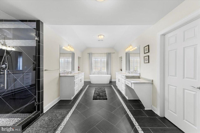 bathroom featuring vanity and separate shower and tub