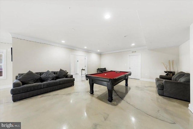 game room featuring crown molding and pool table