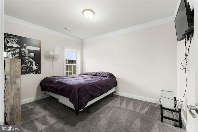 bedroom with crown molding and carpet