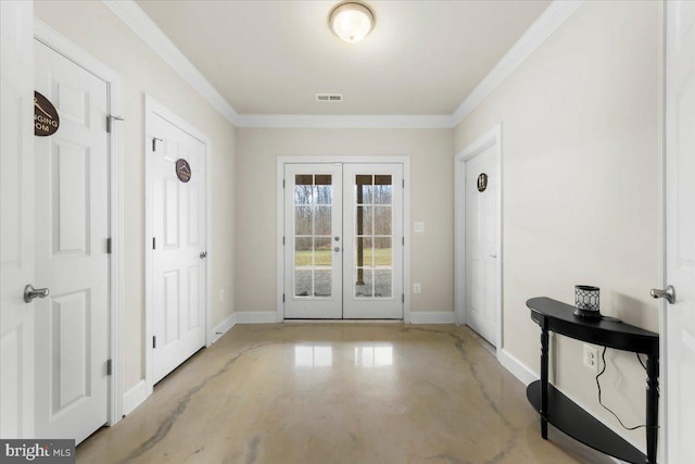 doorway to outside with french doors and crown molding