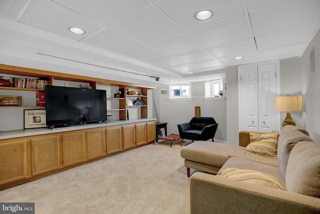 living room featuring light colored carpet