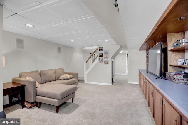 living room with light colored carpet