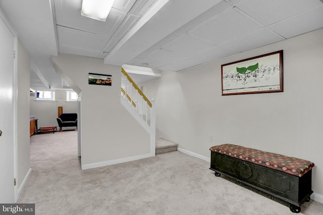 basement featuring light carpet