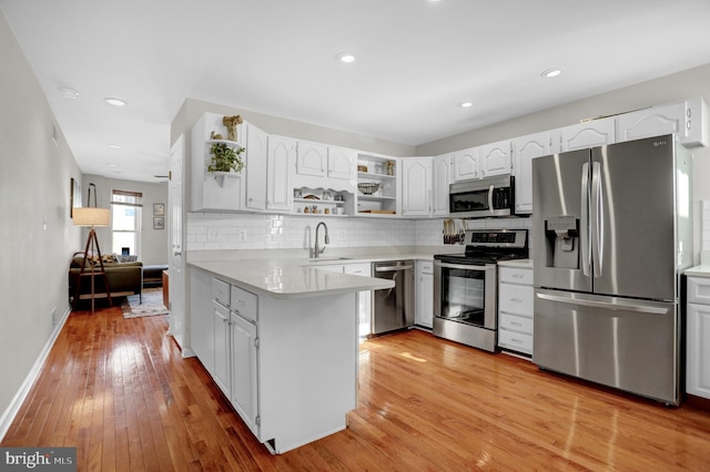 kitchen featuring sink, stainless steel appliances, tasteful backsplash, white cabinets, and kitchen peninsula