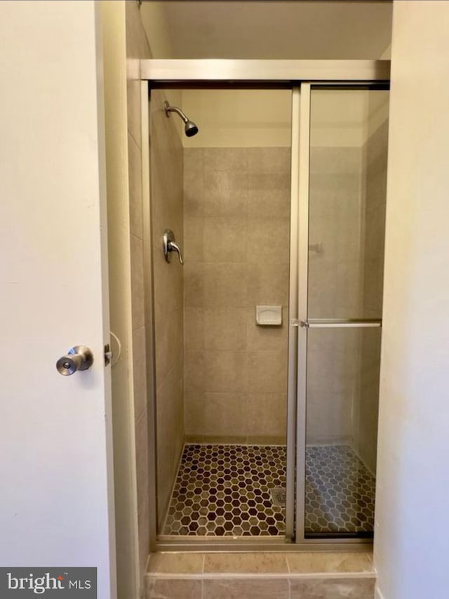 bathroom with a shower with shower door