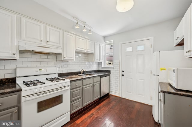 kitchen with gray cabinetry, white appliances, dark hardwood / wood-style flooring, and white cabinets