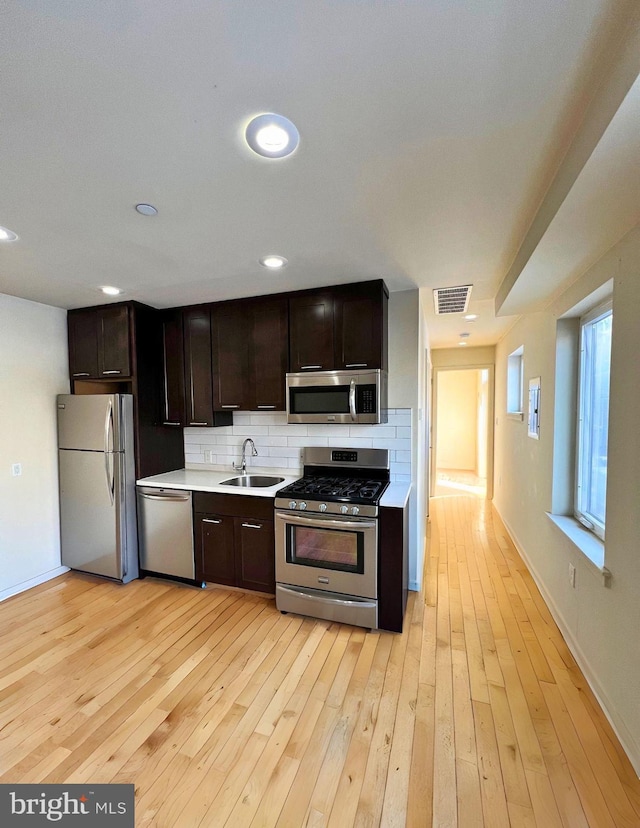 kitchen with sink, decorative backsplash, stainless steel appliances, dark brown cabinets, and light hardwood / wood-style flooring