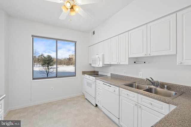 kitchen with ceiling fan, sink, white cabinets, and white appliances