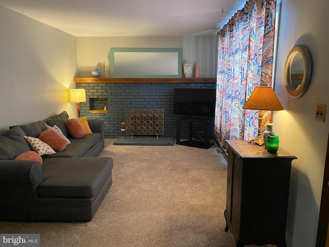 living room featuring carpet floors and a brick fireplace