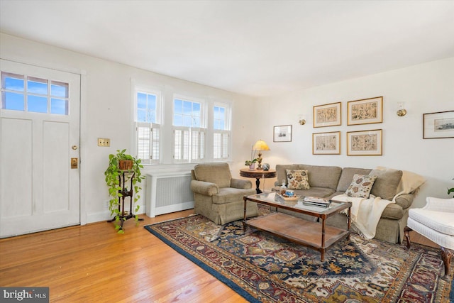 living room featuring radiator heating unit and wood-type flooring