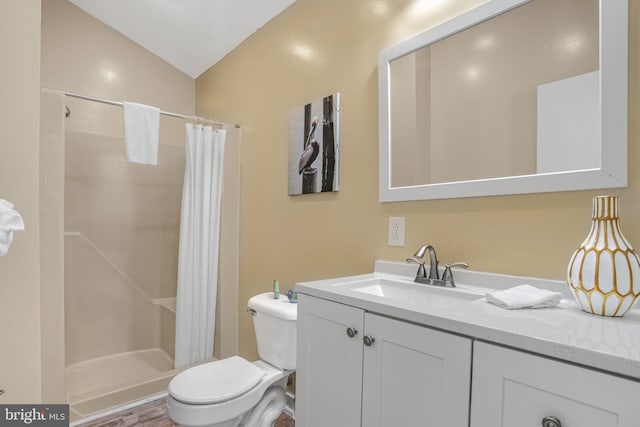 bathroom featuring walk in shower, vanity, toilet, and vaulted ceiling