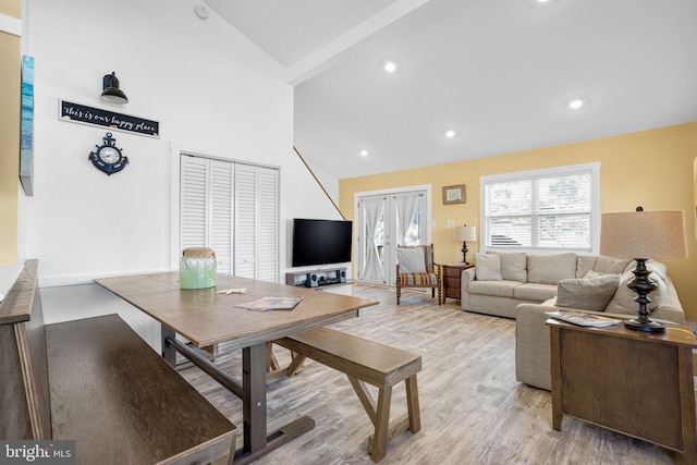 living room featuring light hardwood / wood-style flooring and high vaulted ceiling