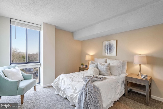 carpeted bedroom with a textured ceiling