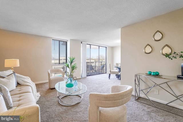 carpeted living room featuring a textured ceiling and floor to ceiling windows