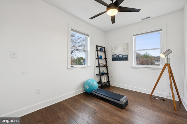 workout room featuring a healthy amount of sunlight, dark wood-type flooring, and ceiling fan