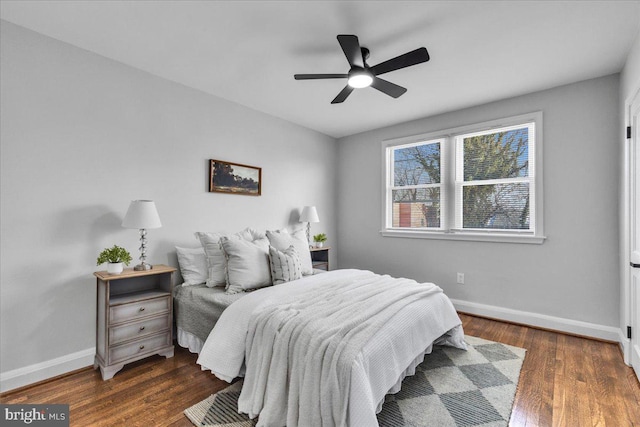 bedroom with ceiling fan and dark hardwood / wood-style flooring