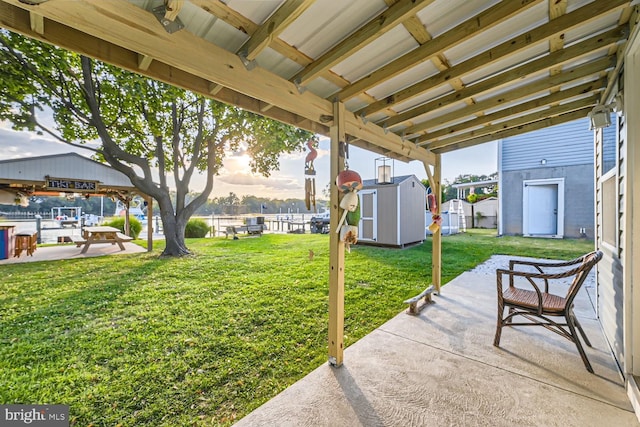 view of yard featuring a storage shed and a patio