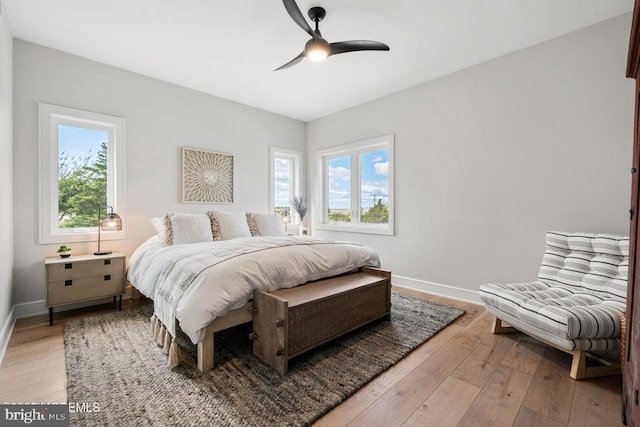 bedroom featuring ceiling fan and light hardwood / wood-style floors