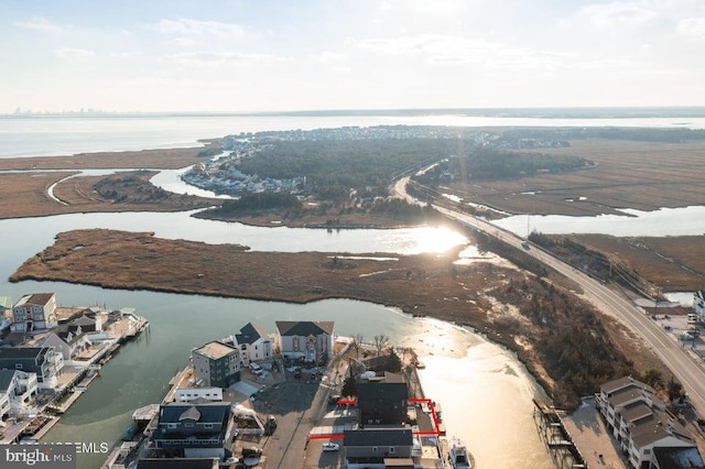 drone / aerial view with a water view