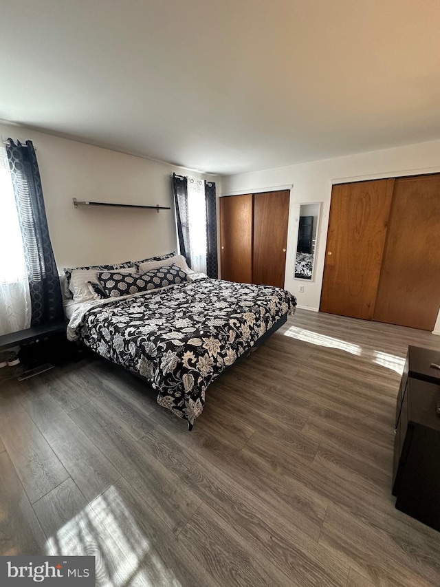 bedroom featuring multiple closets and dark hardwood / wood-style flooring