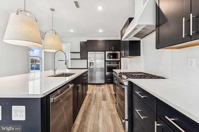 kitchen featuring wall chimney exhaust hood, stainless steel appliances, sink, hanging light fixtures, and a center island with sink