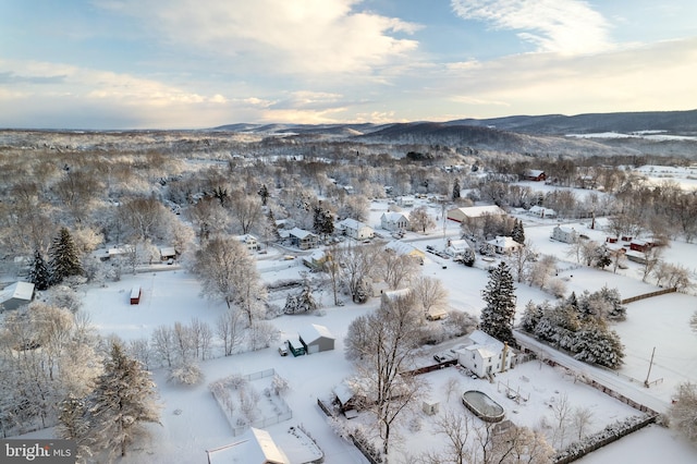 snowy aerial view featuring a mountain view