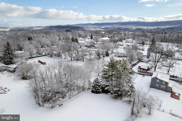 snowy aerial view with a mountain view