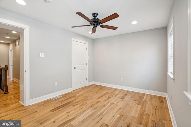 interior space with ceiling fan and light hardwood / wood-style floors