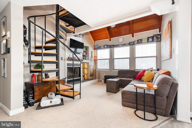 living room featuring wood ceiling, carpet floors, and vaulted ceiling with beams