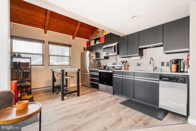 kitchen featuring sink, vaulted ceiling with beams, wood ceiling, light hardwood / wood-style floors, and stainless steel appliances