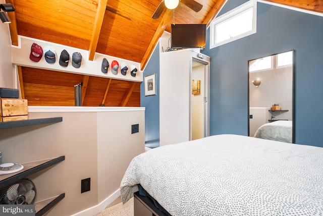 bedroom with vaulted ceiling, wooden ceiling, and ceiling fan